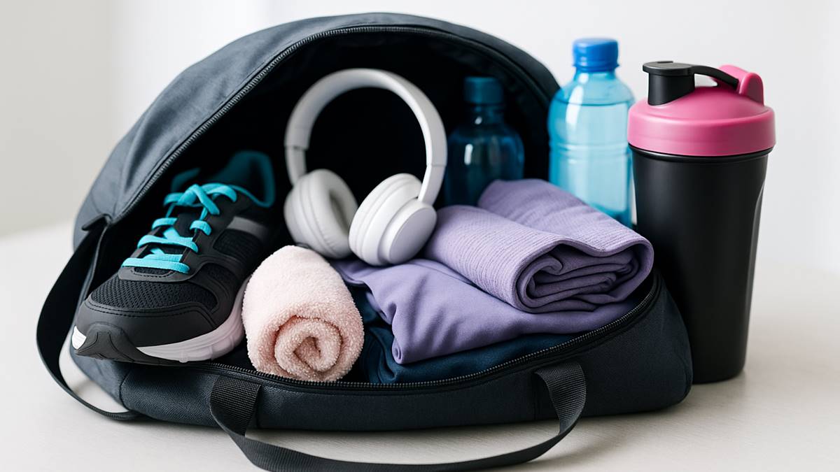 Imagem de mochila de academia aberta mostrando roupas, tênis, garrafa e suplementos essenciais para treino.