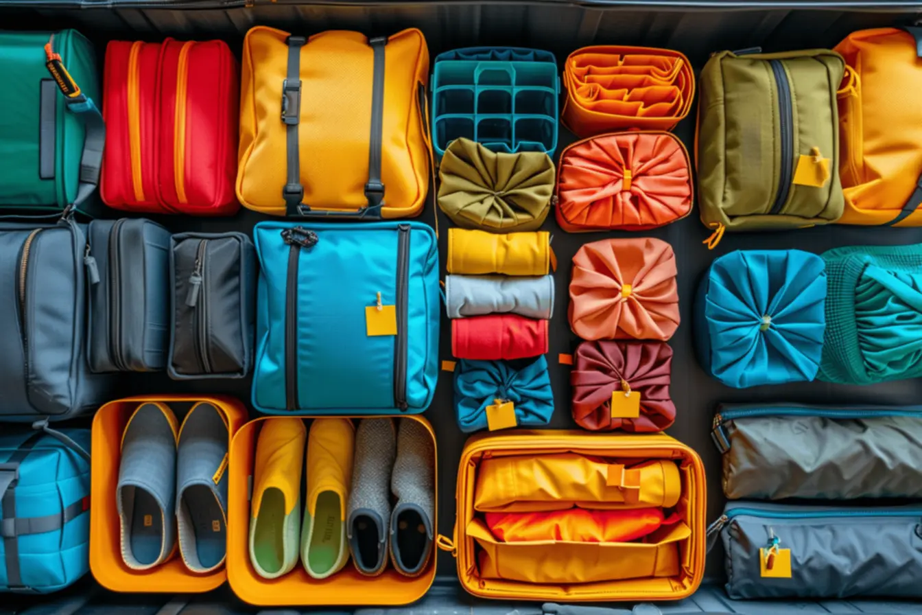 Mala organizada com cubos e etiquetas