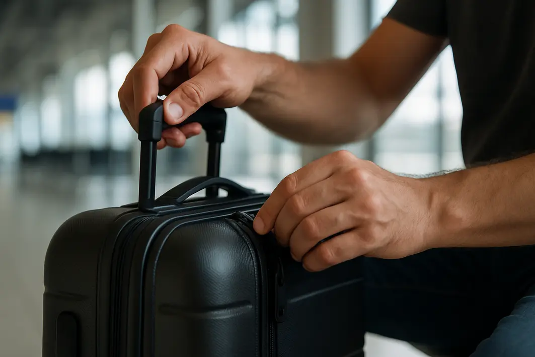 ajuste alca fechando ziper mala bordo Mãos masculinas ajustando alça e fechando zíper de mala de bordo preta com textura rígida em aeroporto