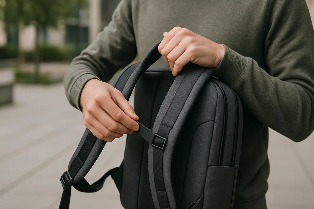 ajuste alcas acolchoadas mochila notebook Mãos ajustando alças acolchoadas de mochila para notebook em ambiente urbano ao ar livre