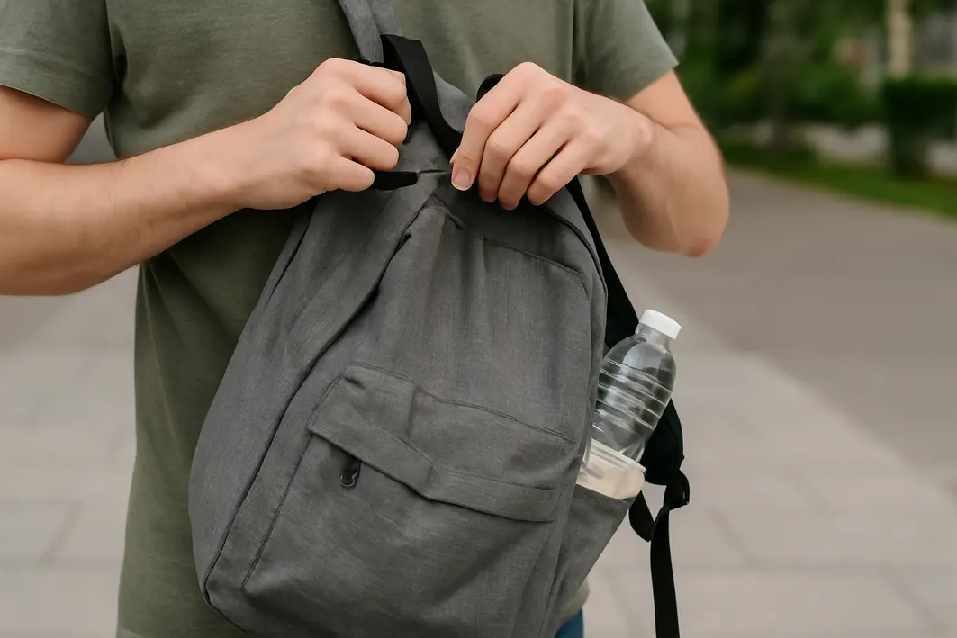 ajuste alcas mochila barata urbana Mãos ajustando as alças de uma mochila simples com tecido leve e costuras visíveis em ambiente urbano