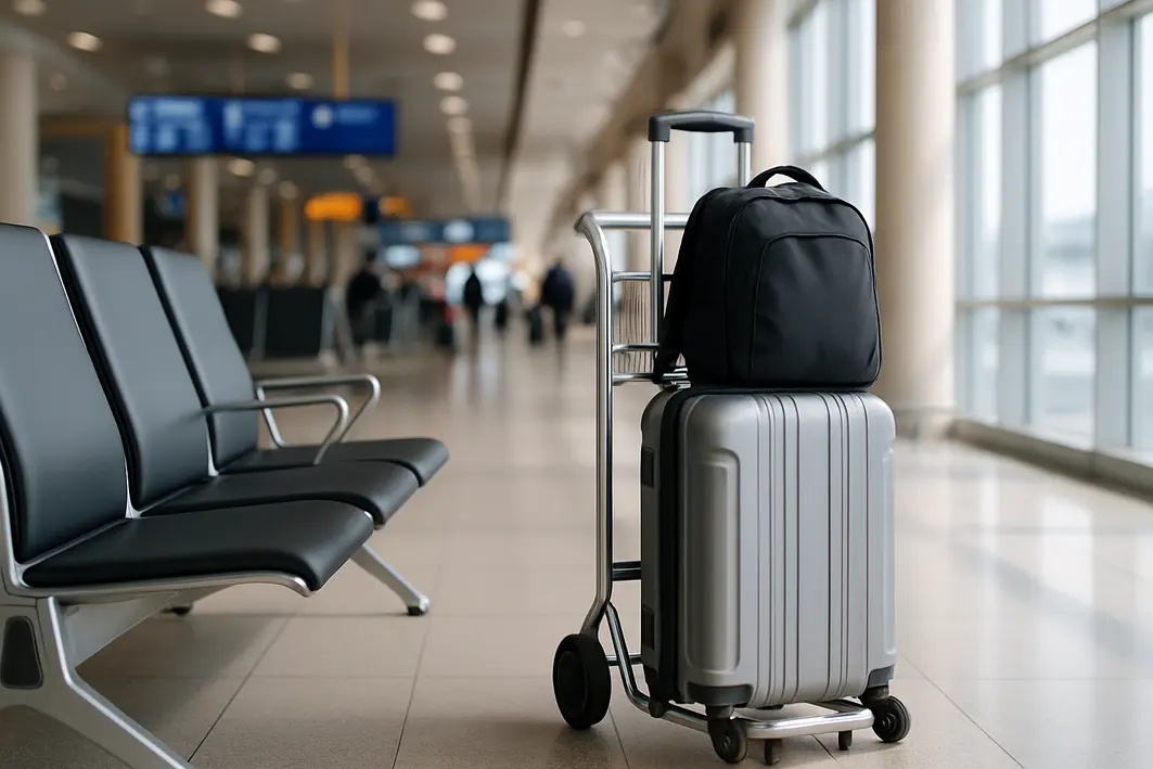 area embarque mala bordo aeroporto Carrinho de bagagem com mala de bordo rígida e mochila compacta ao lado de cadeiras modernas em área de embarque de aeroporto