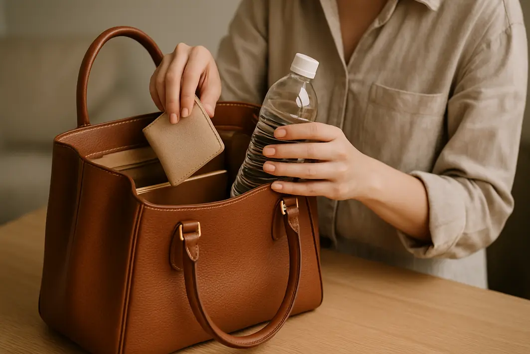 bolsa couro estrutura mantem formato Bolsa estruturada de couro marrom com formato rígido, mãos femininas organizando itens internos, fundo neutro desfocado