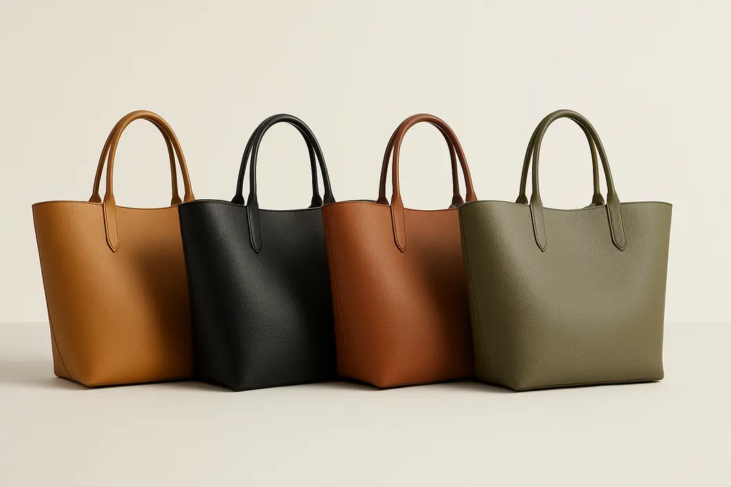 bolsa couro estruturada mantendo formato Bolsa de couro estruturada com itens organizados e mãos ajustando objetos no interior