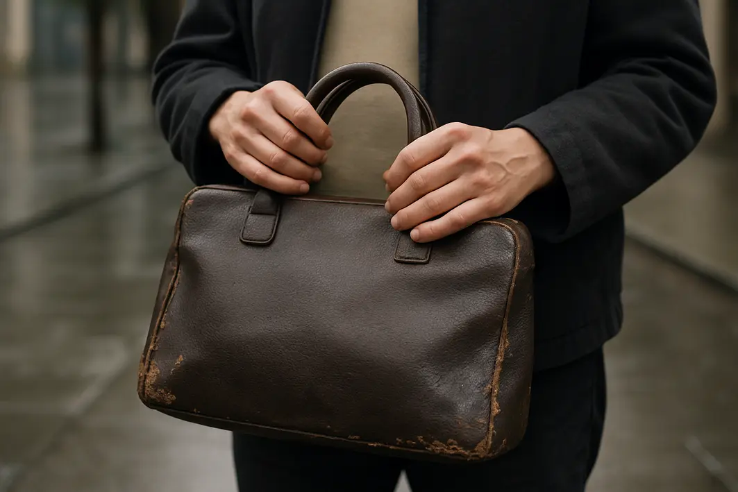 bolsa couro sintetico bordas descascadas Mãos segurando bolsa de couro sintético com bordas visivelmente descascadas e rachaduras em ambiente urbano