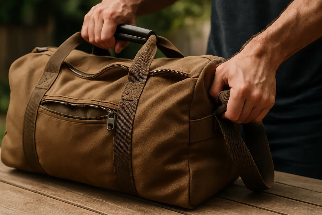 bolsa para carregar muita coisa Bolsa de viagem robusta com alças reforçadas e zíper metálico resistente sendo segurada por mãos masculinas