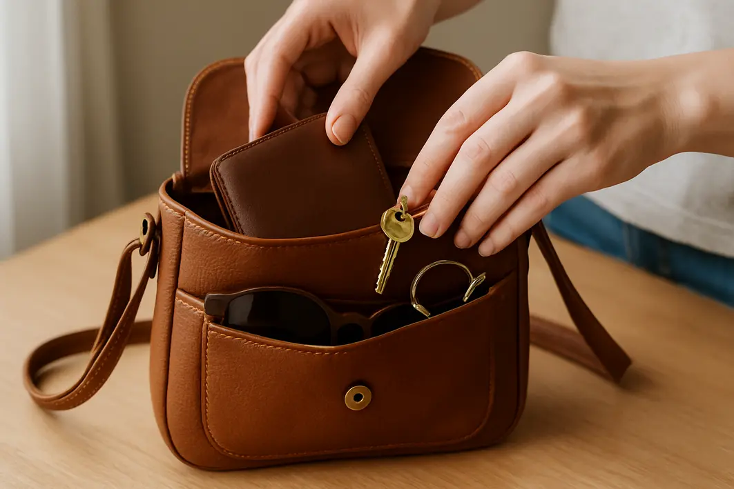 bolsa pequena couro marrom organizada Bolsa pequena de couro marrom aberta sobre mesa de madeira clara com mãos femininas organizando carteira compacta chaveiro e oculos de sol