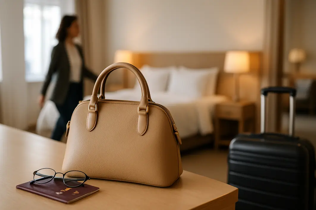 bolsa pequena espacosa bancada hotel Bolsa pequena e espaçosa sobre bancada de hotel com mala de viagem ao lado, passaporte e óculos