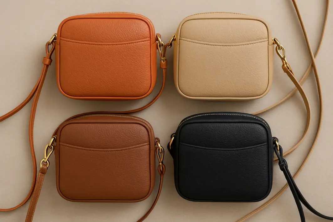 bolsa pequena preta couro organizada Mãos femininas organizando interior espaçoso e compartimentado de bolsa pequena preta de couro