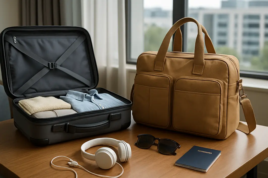 bolsa pratica compartilhamentos viagem Mala de viagem aberta com bolsa prática ao lado, mostrando compartimentos organizados, alças e fechos visíveis