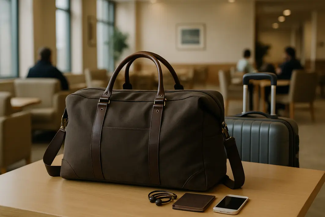 bolsa resistente viagem material duravel Bolsa de viagem resistente sobre mesa em ambiente interno de aeroporto com mala ao lado