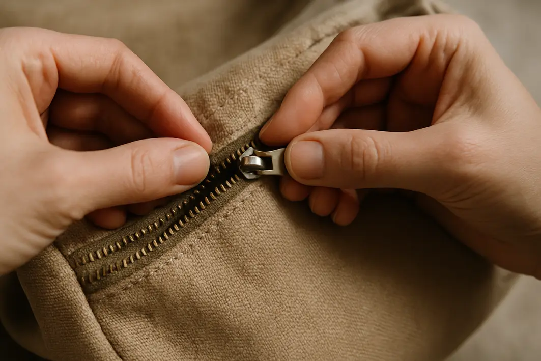 bolsa ziper fragil mao inspecao metal Mãos femininas inspecionando zíper metálico desgastado de bolsa de tecido natural