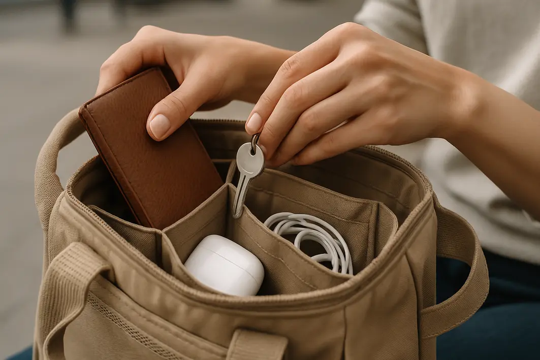 bolsas praticas dia a dia organizacao Mãos femininas organizando itens essenciais dentro de bolsa de tecido resistente com zíper aberto e alça acolchoada