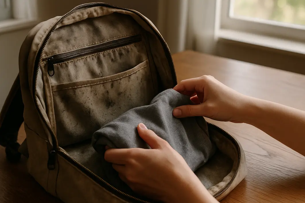 bolsos internos mochila mofo umidade Mochila aberta sobre mesa de madeira mostrando bolsos internos com tecido úmido e manchas de mofo com mãos femininas ajustando roupa úmida