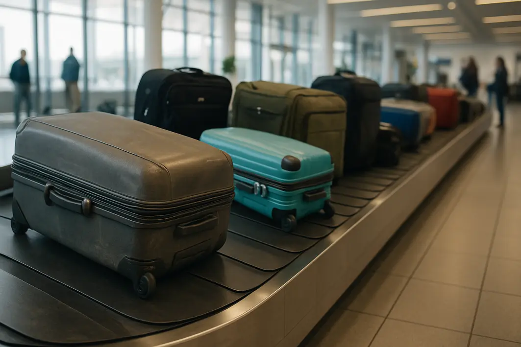 esteira bagagens malas aeroporto moderno Esteira de bagagens em aeroporto moderno com malas usadas e com desgaste visível em rodízios e puxadores