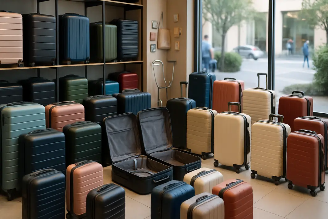 loja malas viagem baratas duraveis Ambiente amplo de loja com diversas malas de viagem econômicas organizadas exibindo zíperes e rodinhas