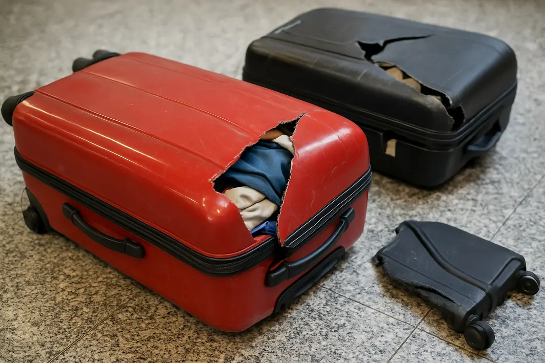 mala danificada rodizio trincado aeroporto Mãos adultas segurando puxador de mala rígida com rodízios trincados e arranhões no aeroporto