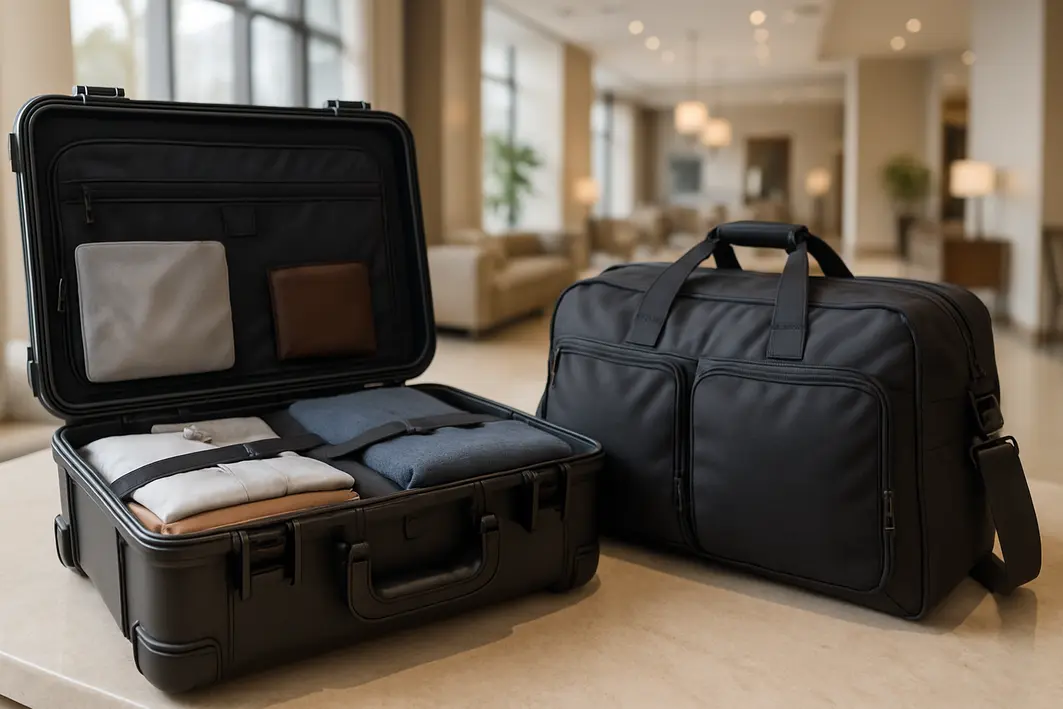 mala grande resistente bolsa complementar viagem Mala grande resistente aberta mostrando interior organizado com roupas e acessórios ao lado de bolsa complementar com zíperes reforçados sobre balcão de hotel