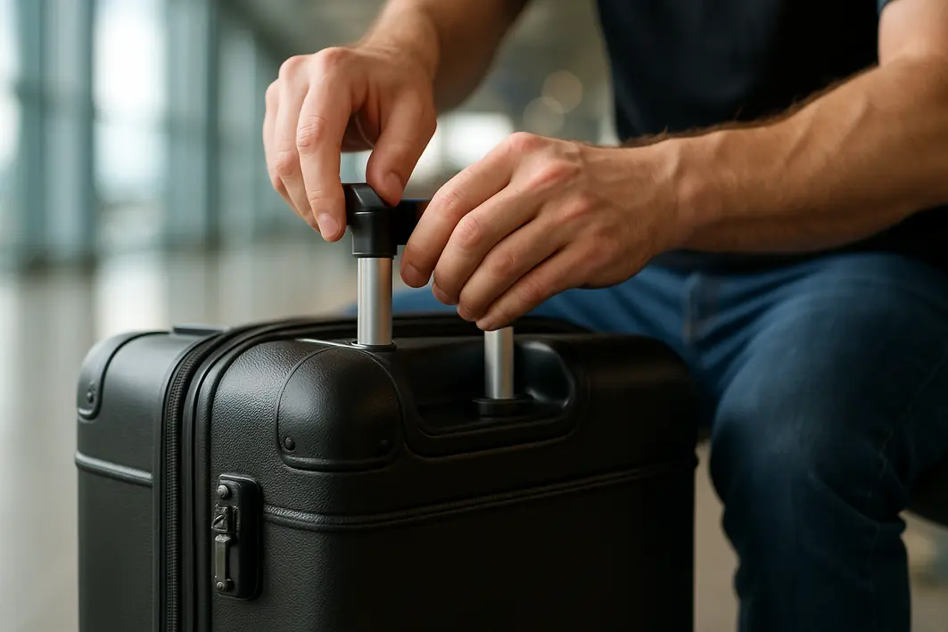 mala rigida preta rodas reforcadas aeroporto Mãos masculinas ajustando carrinho de mala rígida preta com rodas duplas reforçadas em área de embarque