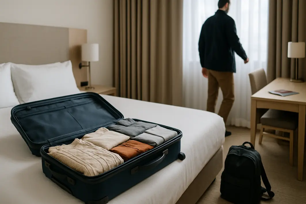 mala viagem quarto hotel organizada Quarto de hotel moderno com mala de viagem aberta e roupa organizada sobre a cama, mochila ao lado e documentos de viagem na mesa
