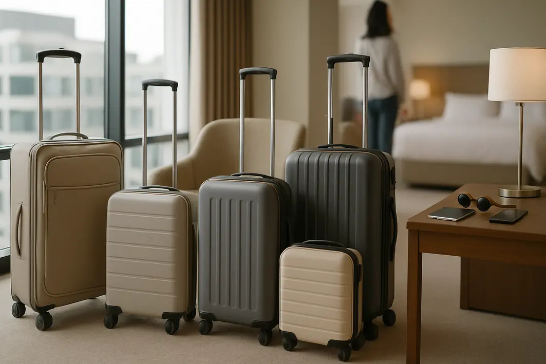 malas ate 600 reais quarto hotel moderno Várias malas de cores neutras e tamanhos diversos ao redor de cadeira em quarto de hotel moderno com janela grande e objetos de viagem