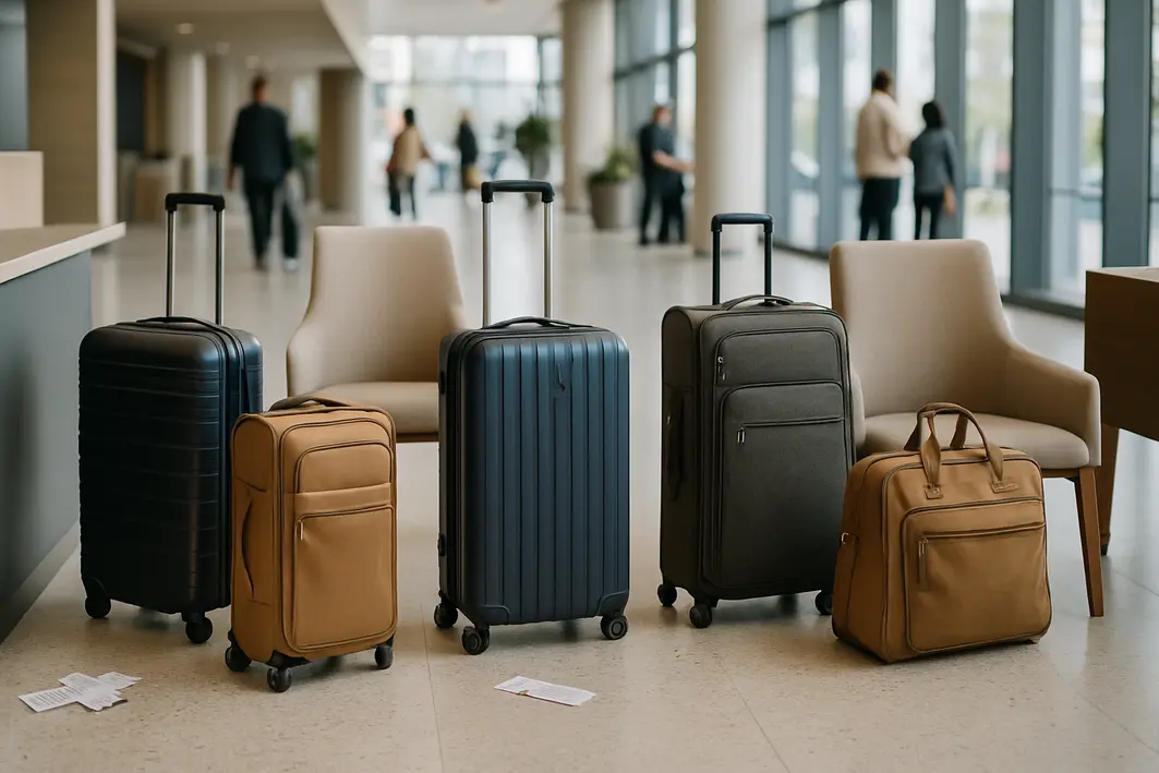 malas reclamadas aeroporto palestra organizacao Várias malas de viagem de tamanhos e estilos variados organizadas em ambiente amplo de aeroporto ao lado de cadeiras e balcão