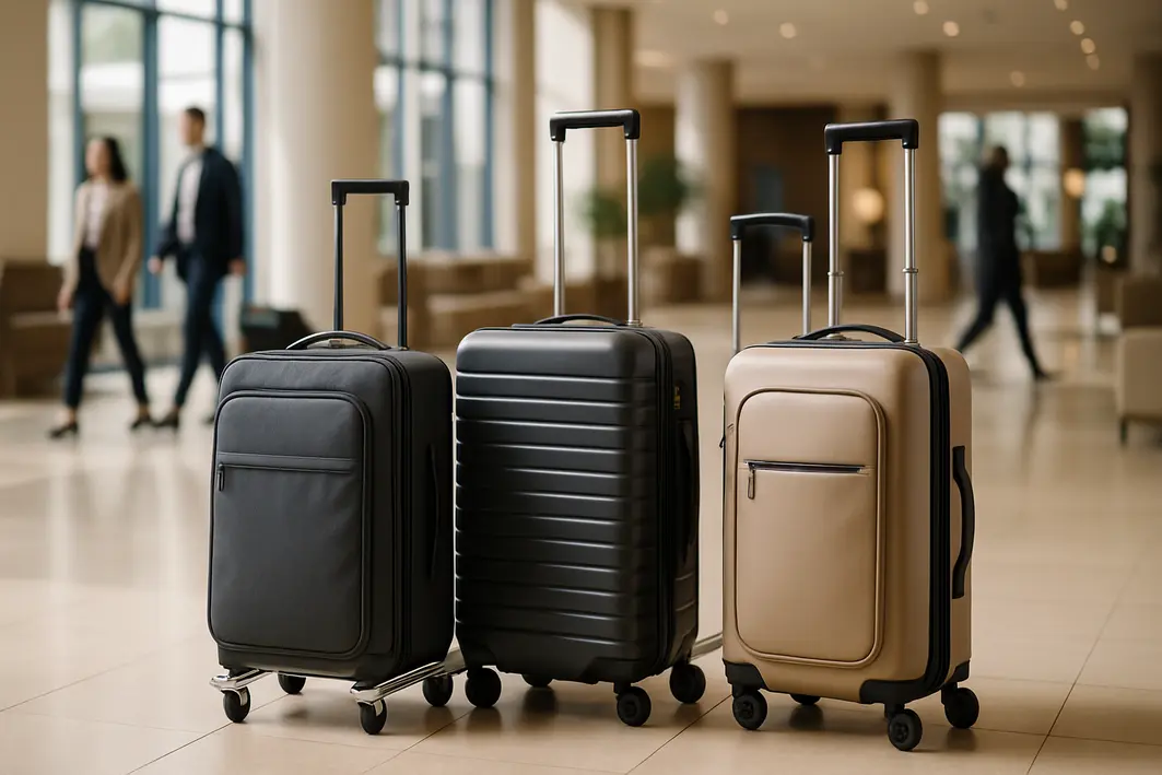 malas resistentes viagens longas saguao hotel Malas resistentes rígidas e softshell organizadas em saguão de hotel moderno com pessoas ao fundo