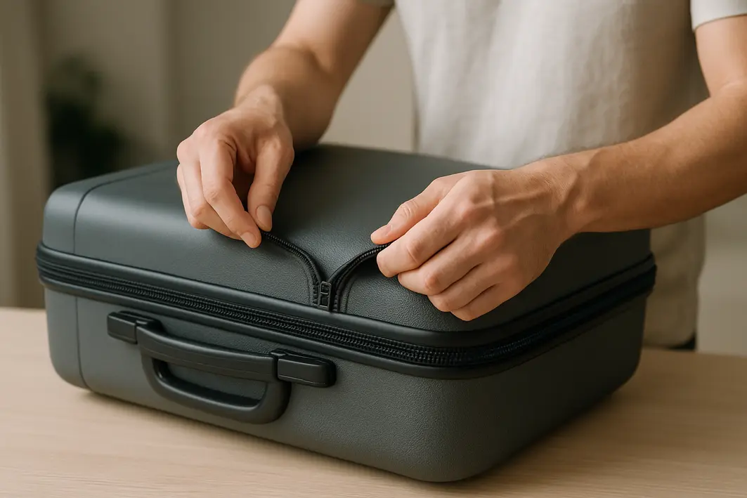 mao abrindo ziper mala rigida media Mãos abrindo zíper de mala rígida média com textura fosca e detalhes em acabamento