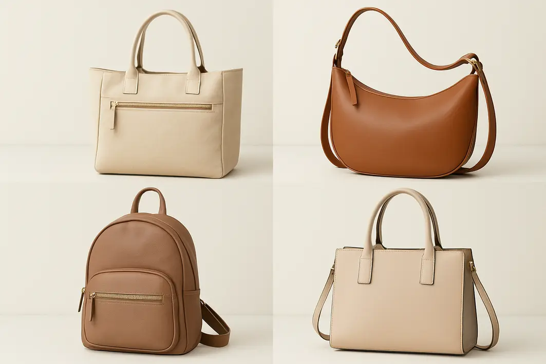 mao organizando bolsa pratica couro Mãos femininas organizando os compartimentos internos de uma bolsa prática de couro marrom sobre mesa de madeira