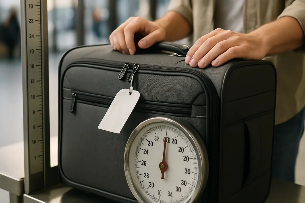 mao segurando mala aeroporto balanca Mãos segurando alça de mala média com etiqueta e régua medindo tamanho ao lado em aeroporto