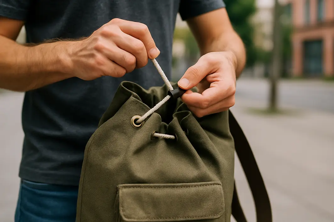 mao segurando mochila saco tecido resistente Mão masculina segurando uma mochila saco de tecido resistente com cordão sendo puxado