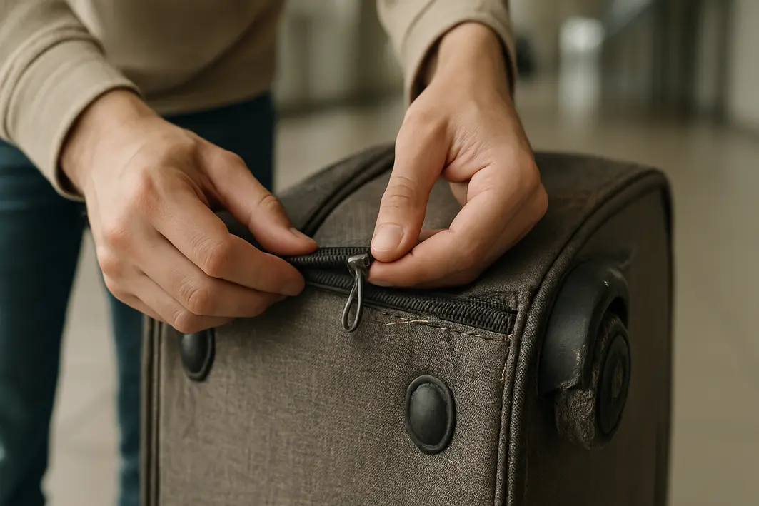 mao testando ziper mala rodinhas usada Mãos testando manualmente o zíper de uma mala de rodinhas desgastada em corredor de aeroporto