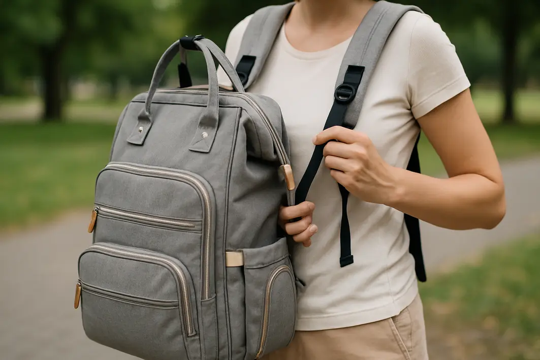 maos ajustando alcas mochila maternidade parque Mãos femininas ajustando alças acolchoadas de mochila maternidade em tecido resistente com vários bolsos organizadores