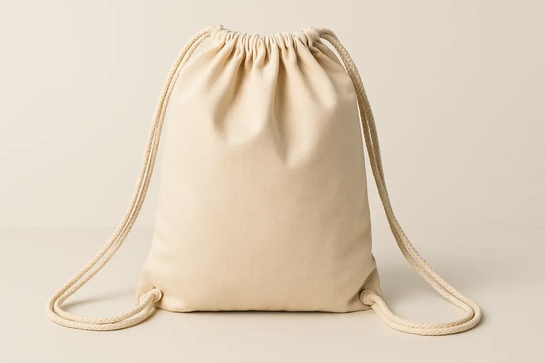 maos ajustando cordao mochila saco Mãos ajustando o cordão de fechamento de uma mochila saco cinza escuro de tecido resistente