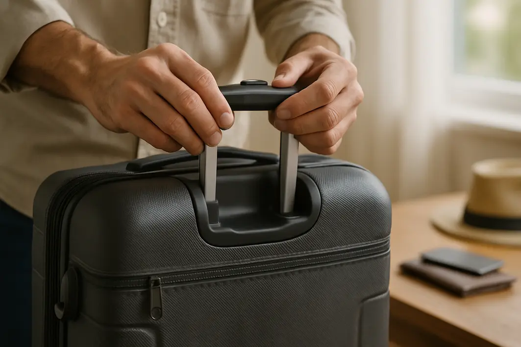 maos ajustando puxador mala resistente Mãos masculinas ajustando puxador telescópico de mala de viagem com rodas robustas e costuras reforçadas