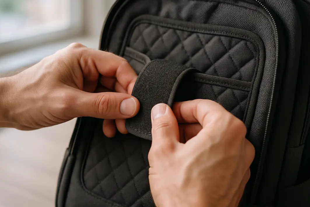 maos ajustando velcro mochila notebook Mãos masculinas ajustando velcro acolchoado interno de mochila preta para notebook