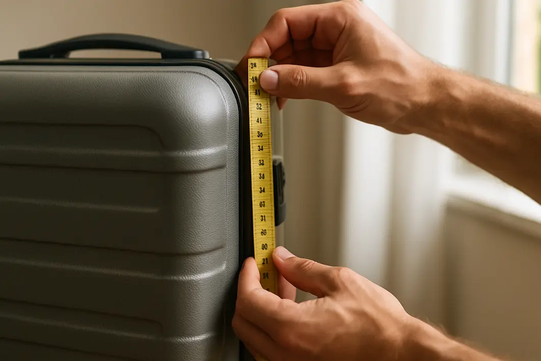 maos medindo mala viagem rigida cinza Mãos masculinas medindo altura de mala de viagem rígida cinza com fita métrica