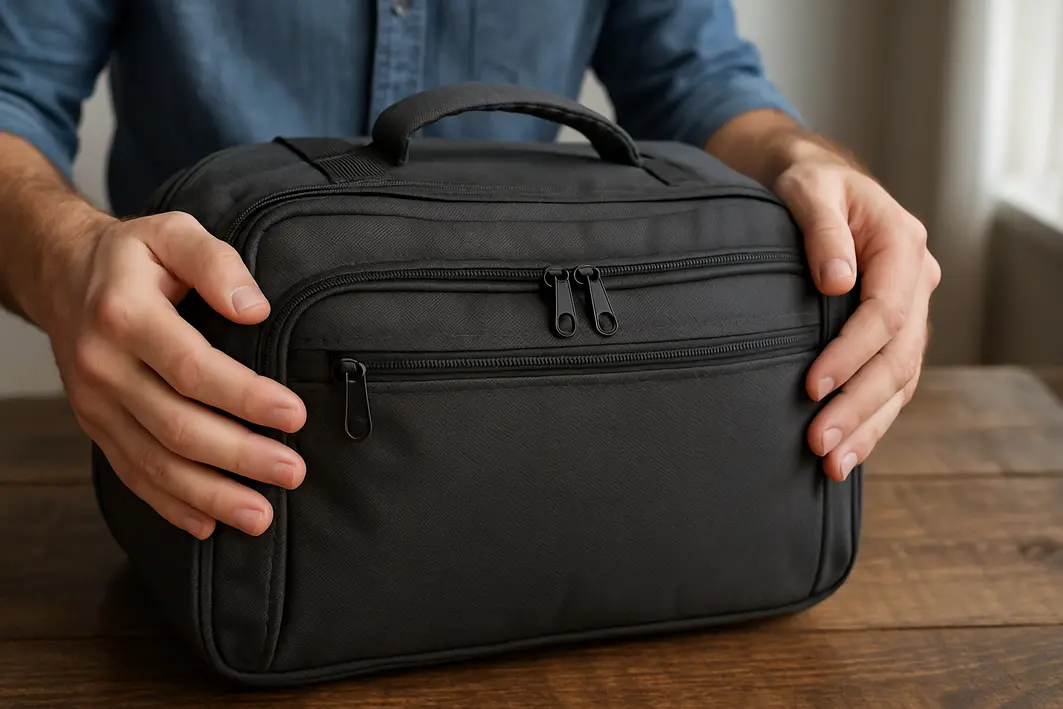 maos segurando mala tecido duravel Mãos masculinas segurando mala de tecido resistente com zíper reforçado em ambiente interno