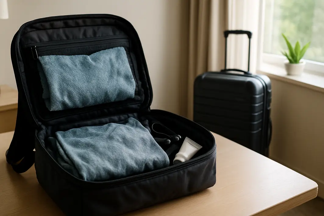 mochila aberta com bolsos humidos Mochila aberta sobre superfície clara exibindo bolsos internos com roupas úmidas e pequenos objetos de viagem em quarto de hotel