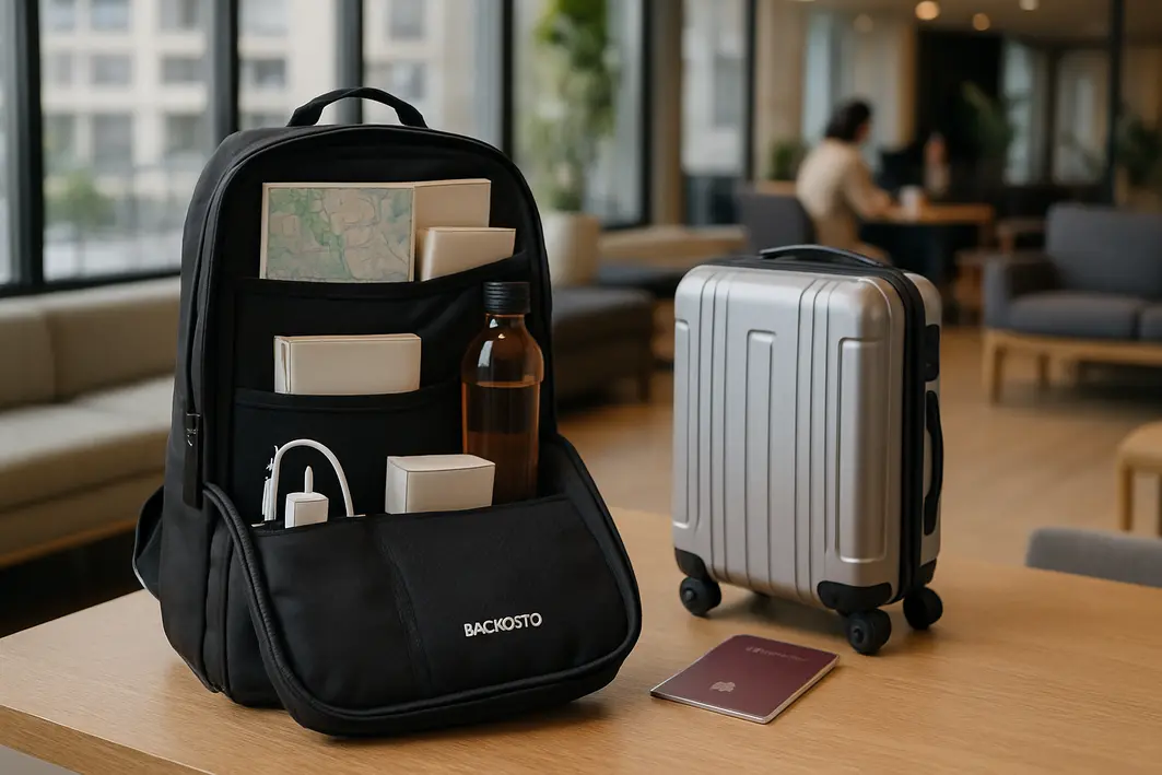 mochila bagaggio organizacao viagem curta Mochila Bagaggio aberta sobre mesa de hotel mostrando compartimentos organizados com mapas, carregador, livro e garrafa de água