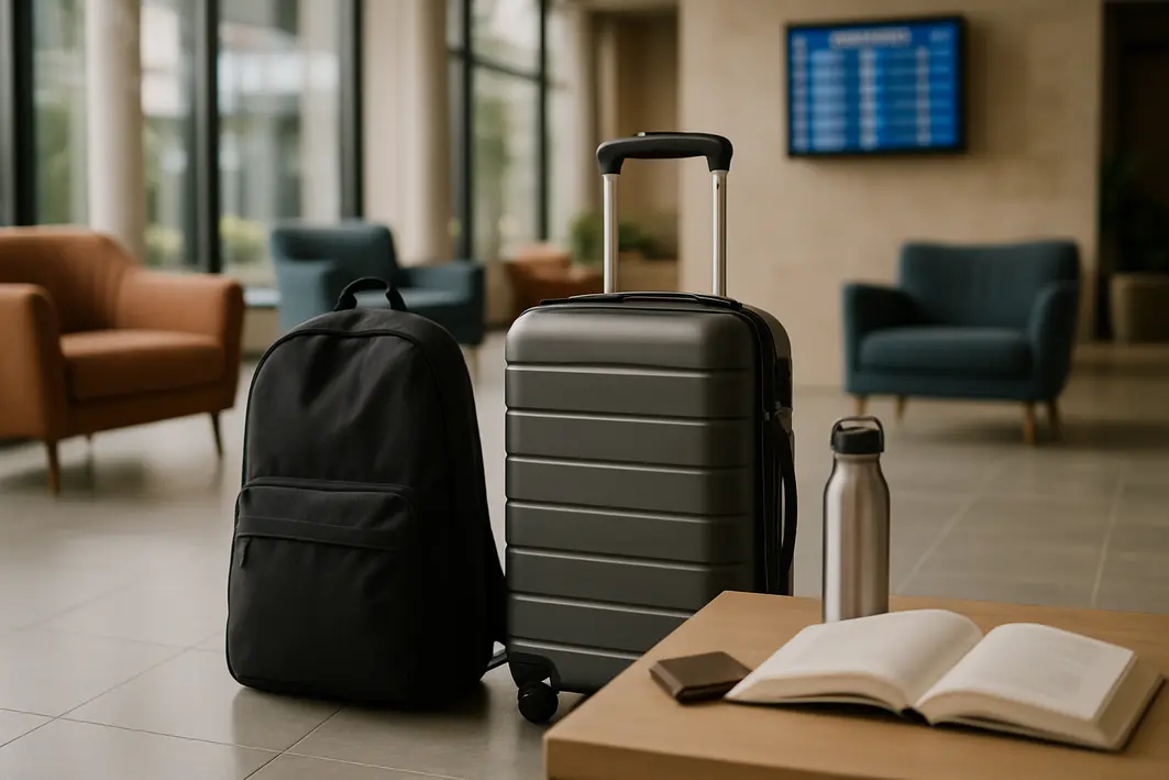 mochila barata mala viagem moderno Mochila barata simples ao lado de mala compacta em lobby de hotel moderno com objetos de viagem