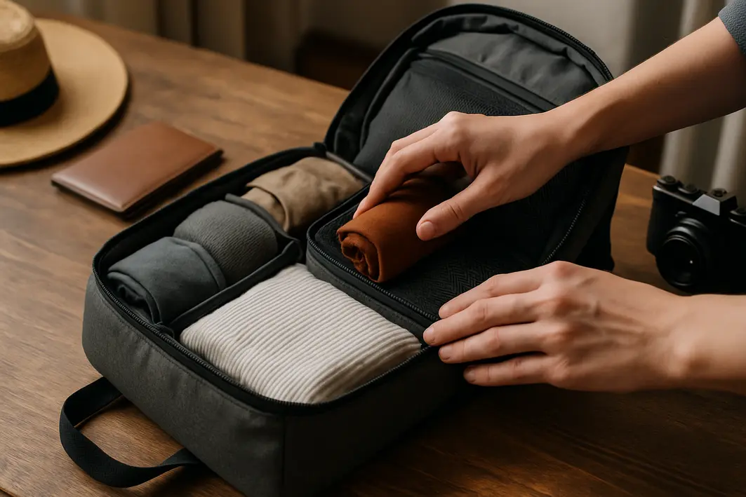 mochila compacta organizada viagem 1 Mochila compacta aberta sobre mesa de madeira com mãos organizando roupas e acessórios em compartimentos internos