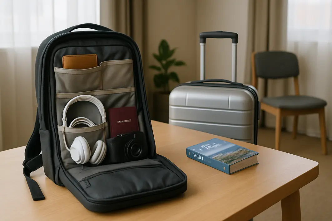 mochila compacta organizada viagem Mochila compacta aberta com compartimentos organizados mostrando carteira, fones, passaporte e câmera sobre mesa clara em quarto moderno