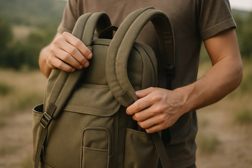 mochila grande ajuste alcas tecido resistente Mãos ajustando alças acolchoadas de mochila grande em tecido resistente com bolsos laterais abertos