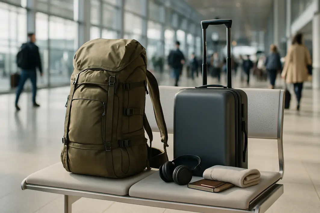 mochila grande resistente conforto aeroporto Mochila grande resistente e confortável ao lado de mala de viagem em banco moderno no aeroporto