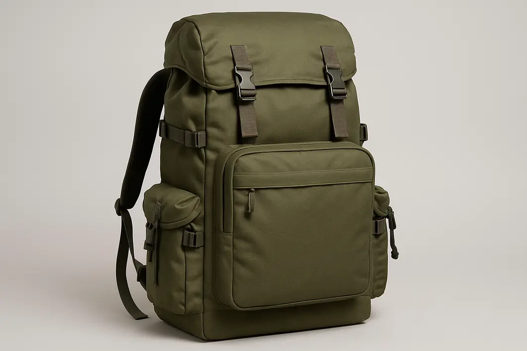 mochila grande viagem aberta organizacao interna Mochila grande de viagem aberta sobre mesa de madeira com compartimentos organizados e mãos ajustando alça acolchoada