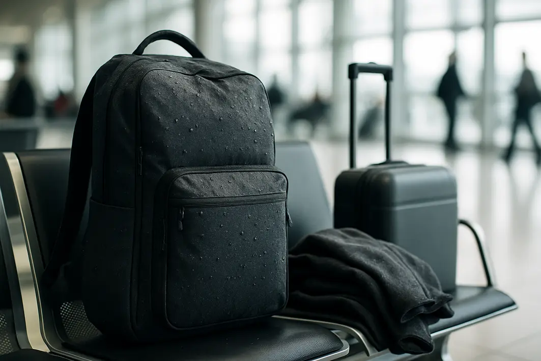 mochila impermeavel aeroporto resistente Mochila impermeável resistente com gotículas de chuva apoiada em banco de aeroporto ao lado de mala de rodinhas