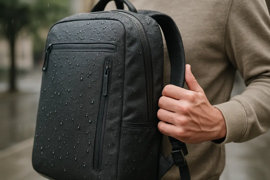 mochila impermeavel tecido costuras ziperes Mochila impermeável de tecido com costuras seladas e zíperes protegidos repelindo gotas de chuva