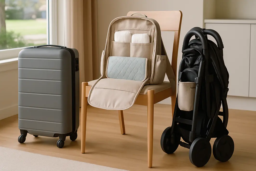 mochila maternidade carrinho bebe organizada Mochila maternidade aberta com alcas acolchoadas e compartimentos visiveis ao lado de carrinho de bebe dobrado