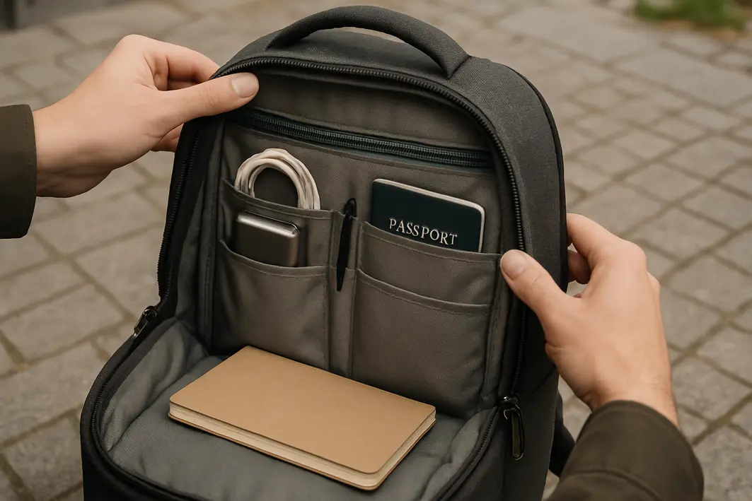 mochila multifuncional bolsos organizadores Mãos abrindo compartimento principal de mochila multifuncional mostrando bolsos organizadores internos com itens de viagem e trabalho